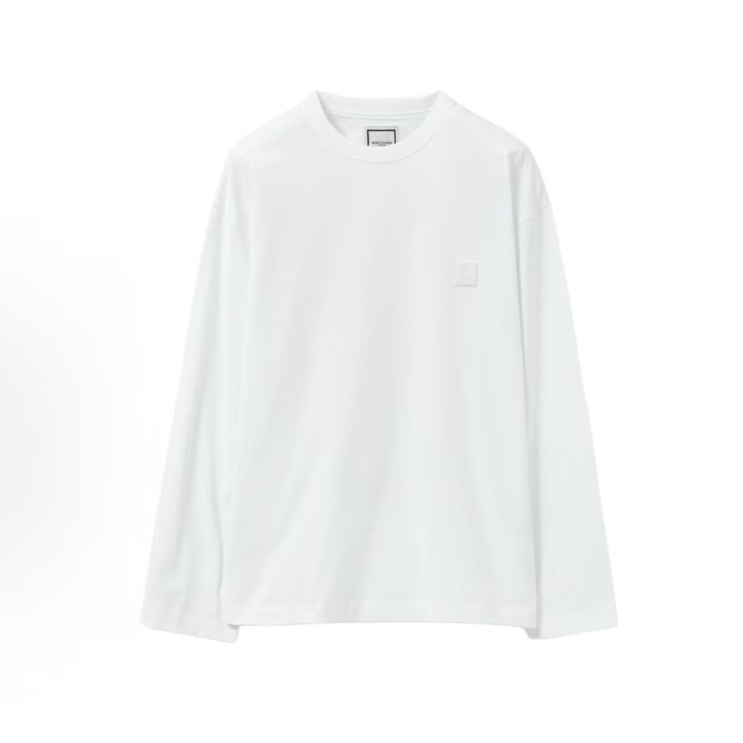 우영미 레터 플라워 드롭숄더 라운드넥 긴팔 티셔츠 남성용 화이트