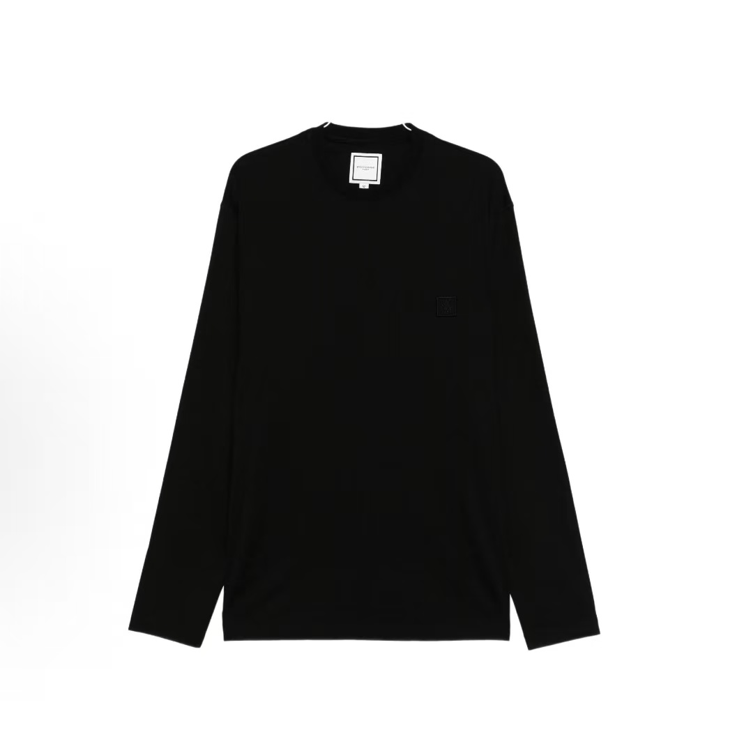 우영미 레터 플라워 드롭숄더 라운드넥 긴팔 티셔츠 남성용 블랙