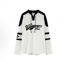 우영미 레터 드롭숄더 브이넥 스트랩 긴팔 티셔츠 남성용 화이트