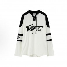 우영미 레터 드롭숄더 브이넥 스트랩 긴팔 티셔츠 남성용 화이트