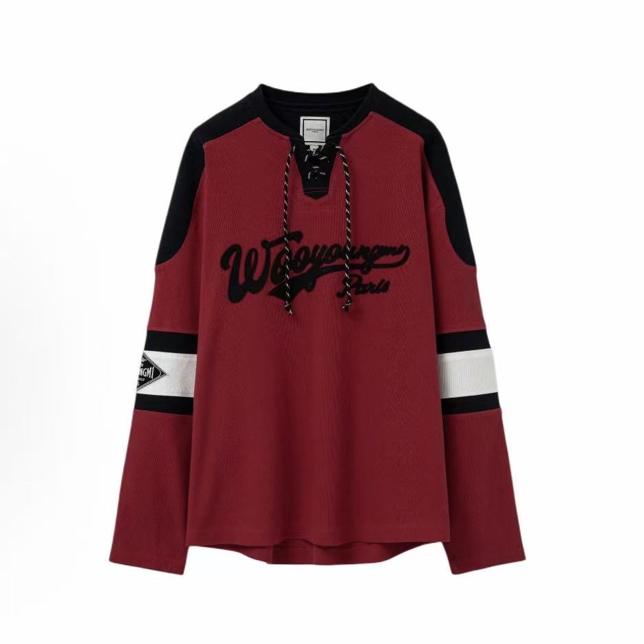 우영미 레터 드롭숄더 브이넥 스트랩 긴팔 티셔츠 남성용 레드