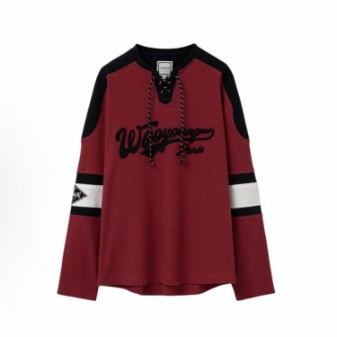 우영미 레터 드롭숄더 브이넥 스트랩 긴팔 티셔츠 남성용 레드