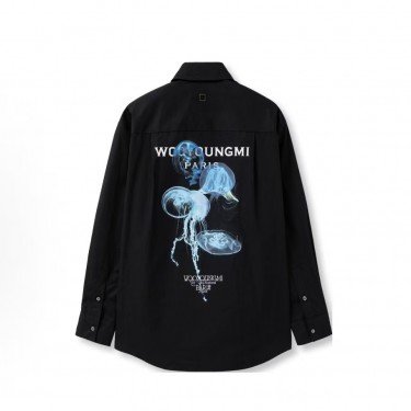 우영미 레터링 애니멀 프린트 포인트 스프레드 칼라 버튼업 롱슬리브 셔츠 남성 블랙