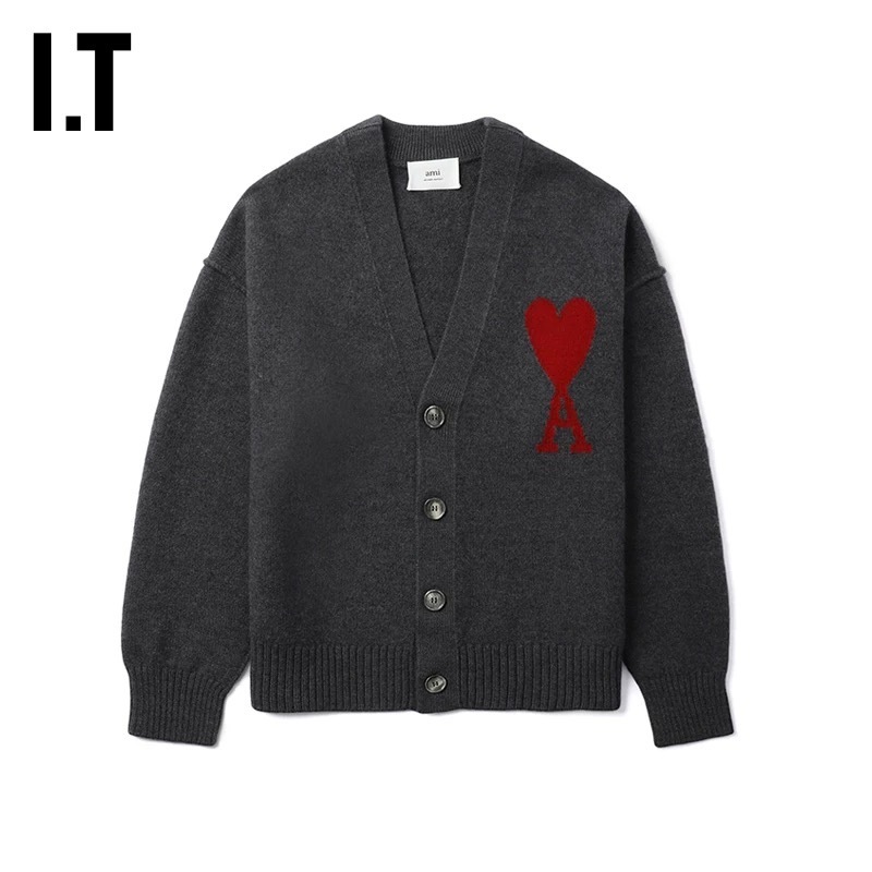 아미파리 클래식 하트 로고 V넥 니트 스웨터 긴팔 루즈핏 그레이 (탑아미공장)