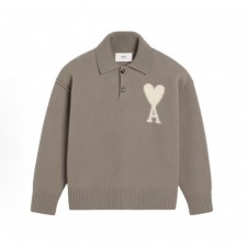 아미파리 하트 패턴 울 니트 카라 드롭숄더 폴로 스웨터 라이트 그레이 (탑아미공장)