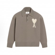 아미파리 하트 패턴 울 니트 카라 드롭숄더 폴로 스웨터 라이트 그레이 (탑아미공장)