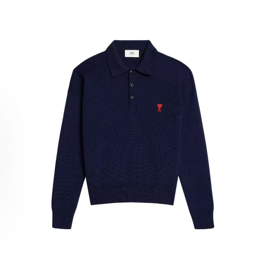 아미파리 솔리드 자수 로고 풀오버 니트 긴팔 폴로 셔츠 남성 네이비 (탑아미공장)