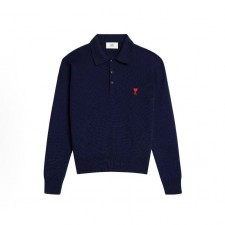 아미파리 솔리드 자수 로고 풀오버 니트 긴팔 폴로 셔츠 남성 네이비 (탑아미공장)