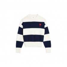 아미파리 배색 스트라이프 로고 자수 크루넥 긴팔 니트 스웨터 남성 블루화이트 (탑아미공장)