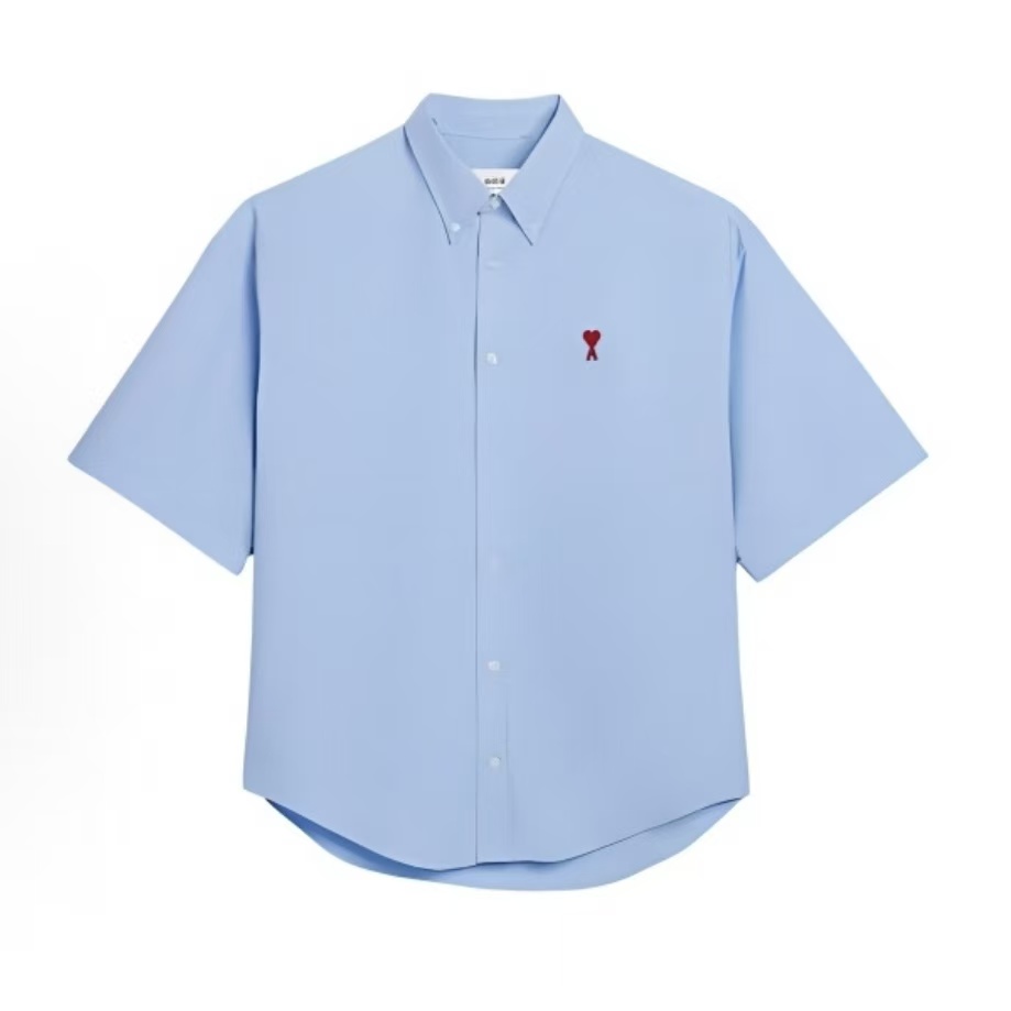 아미파리 단색 카라 버튼 로고 자수 하트 루즈핏 반소매 셔츠 블루 (탑아미공장)