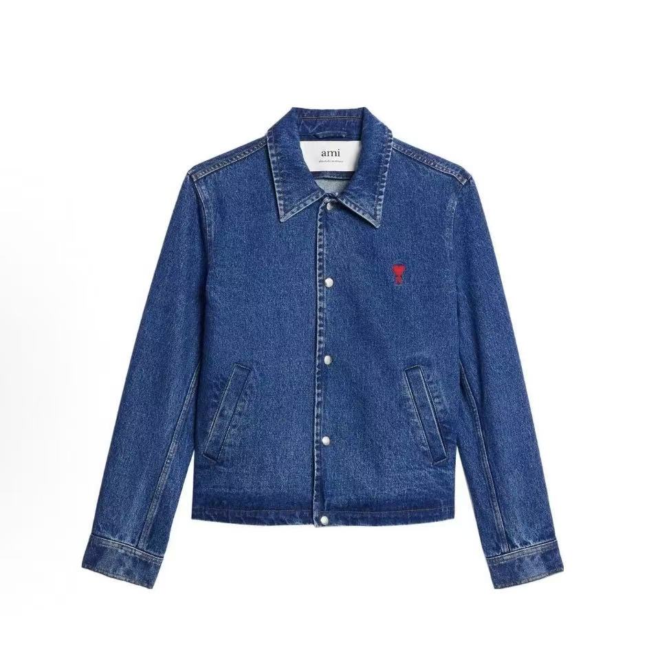 아미파리  로고 자수 뾰족 칼라 싱글 버튼 데님 자켓 남성용 (탑아미공장)