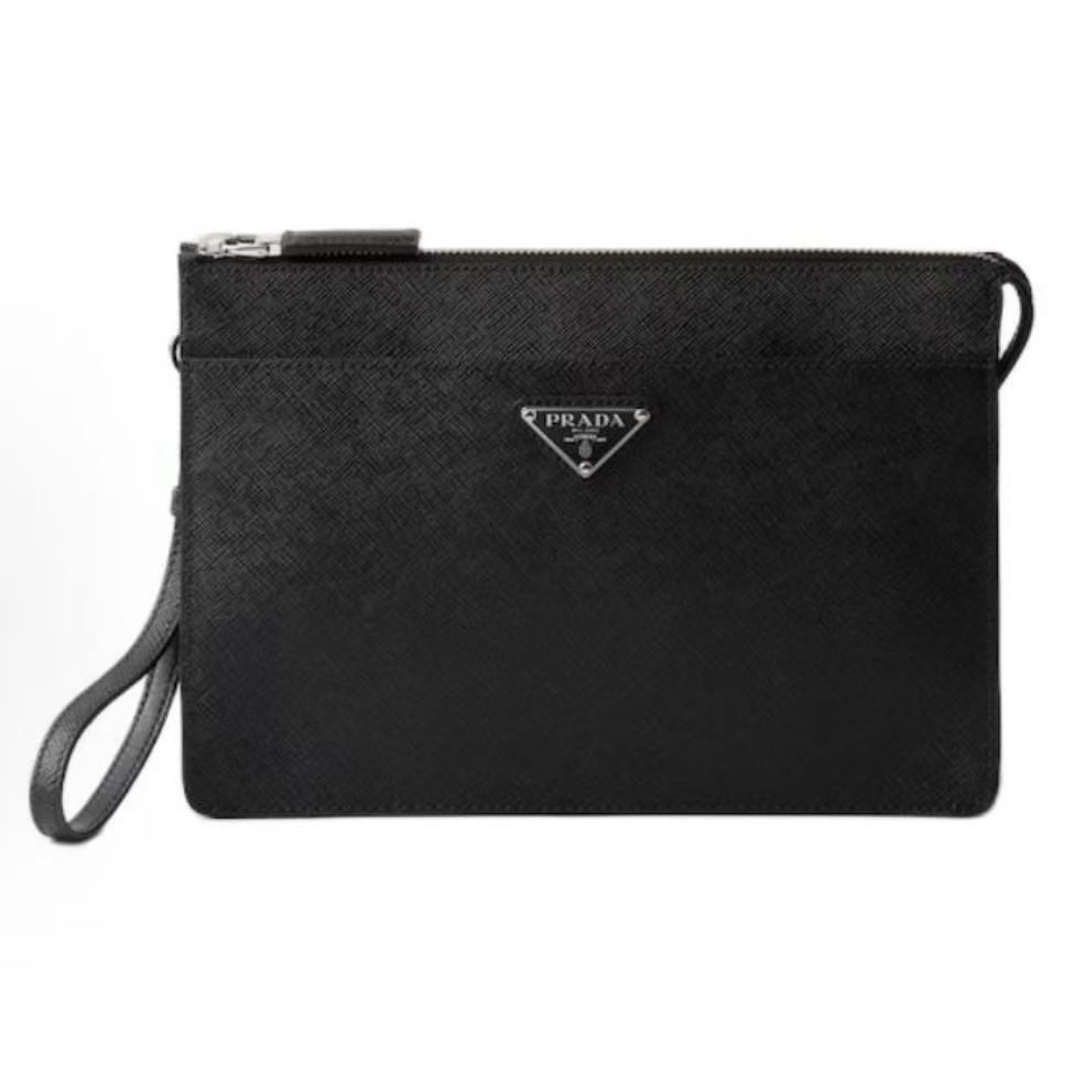 프라다 사피아노 시그니처 로고 지퍼 클로치백 카프스킨
