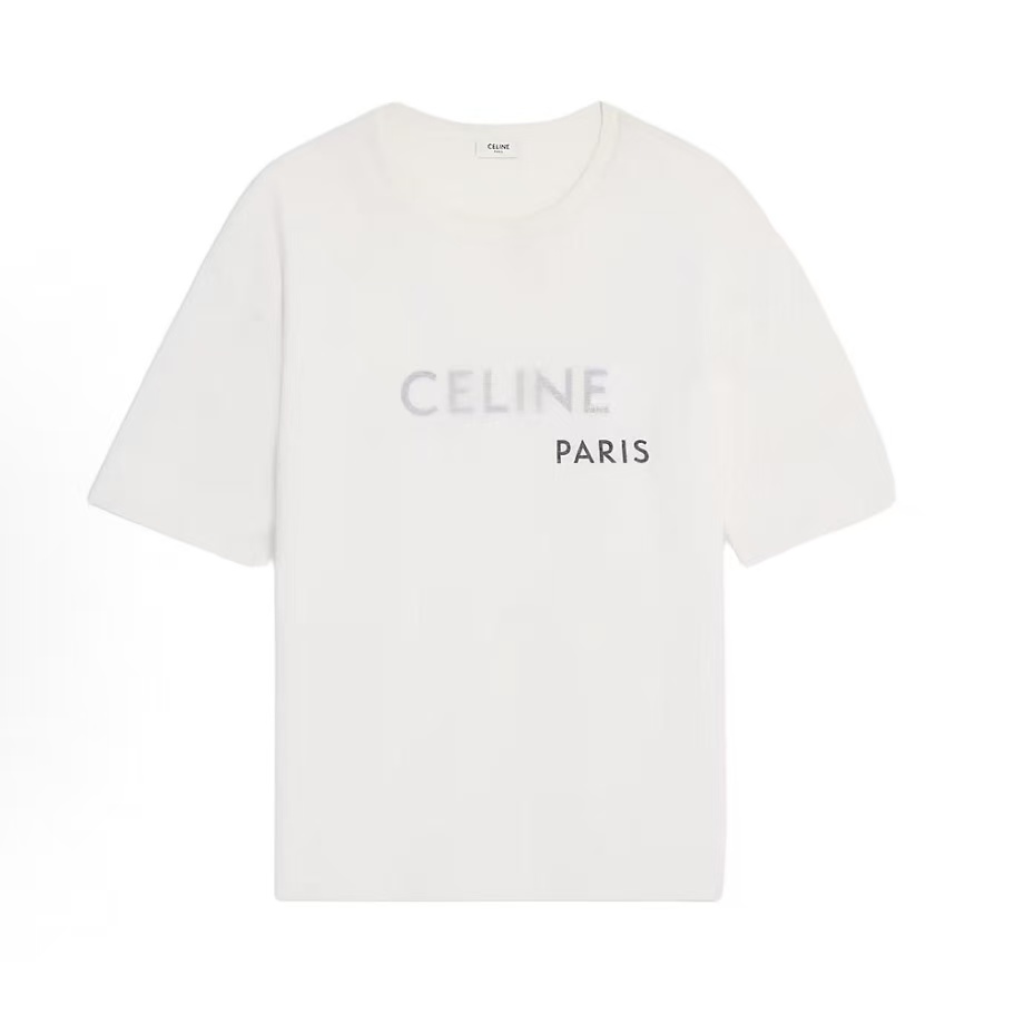 셀린느 SS26 봄 시즌 프린트 자수 더블 레이어 코마 코튼 니트 반팔 티셔츠 화이트 (X공장)