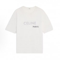 셀린느 SS26 봄 시즌 프린트 자수 더블 레이어 코마 코튼 니트 반팔 티셔츠 화이트 (X공장)