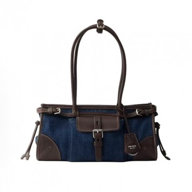 프라다 Bonnie 에나멜 트라이앵글 로고 데님 미디엄 숄더백 1BA426