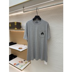크롬하츠 꽃 패턴 대나무결 코튼 + 가죽 패치 반팔 티셔츠(X공장)
